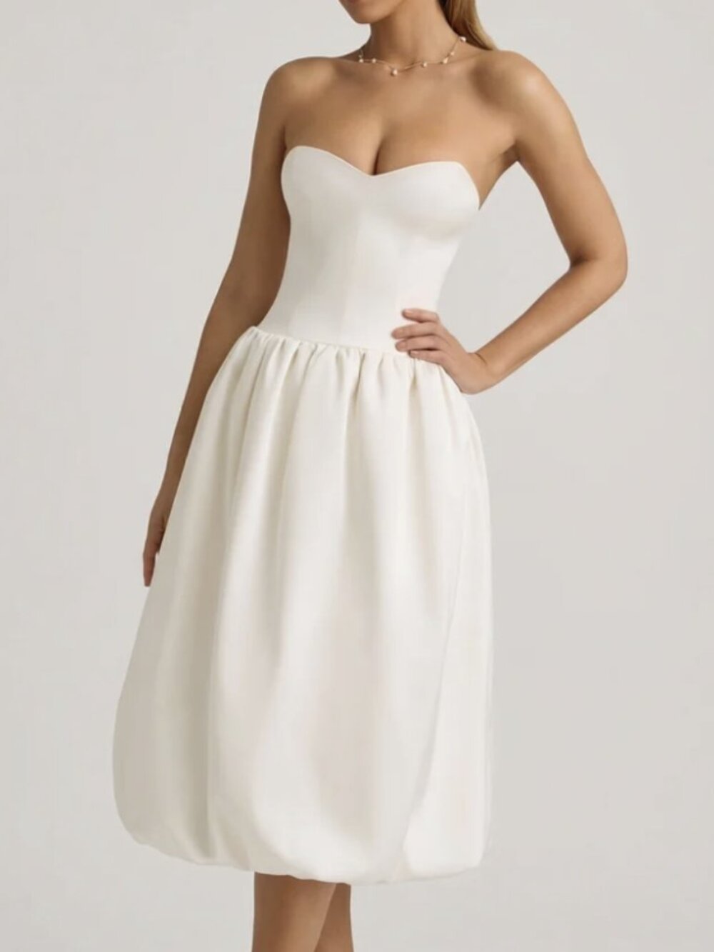 Convertible Bow-Detail Bubble Hem Midaxi Dress in Ivory